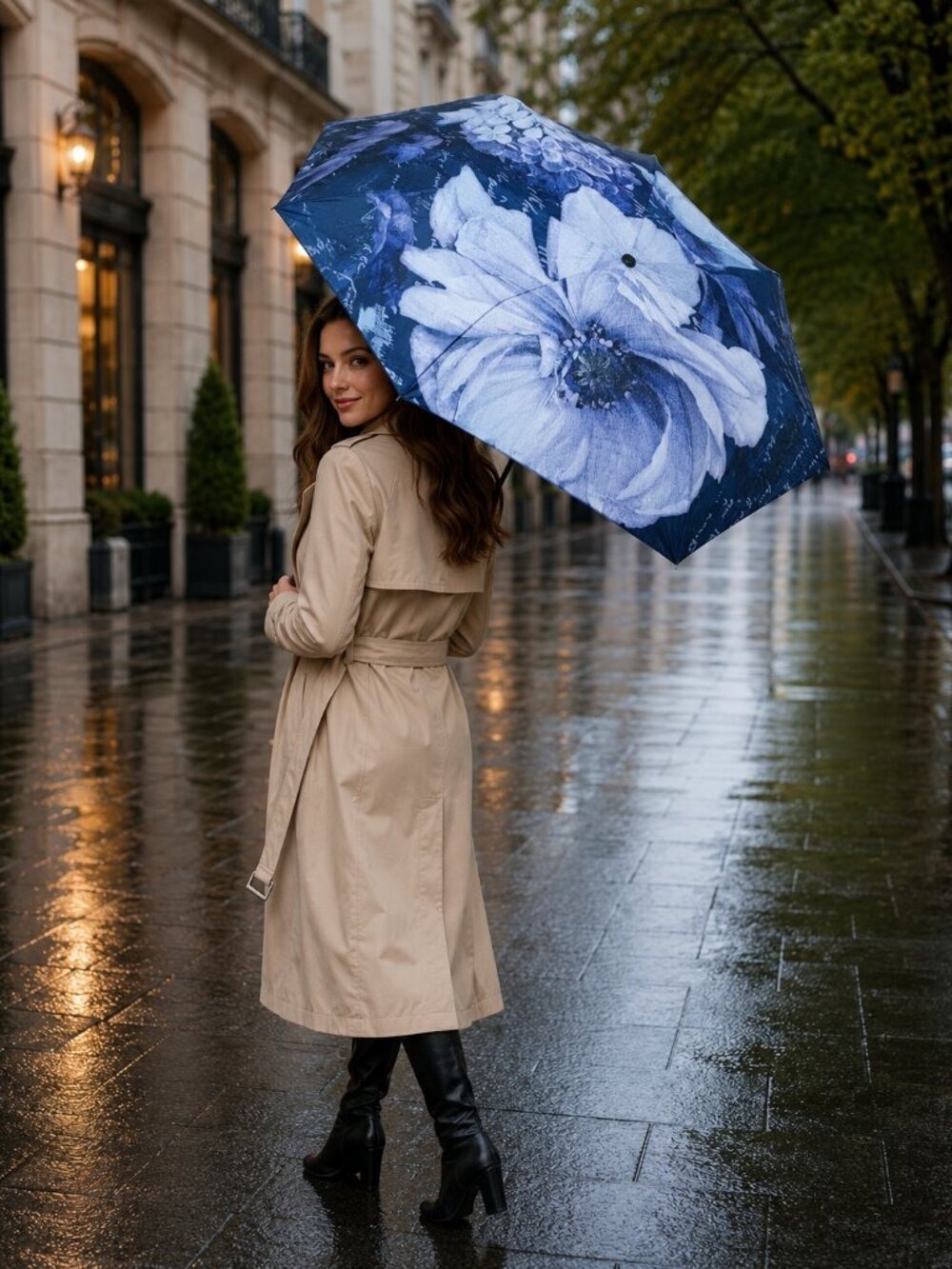 Floral Blue and White Folding Umbrella Parasol NWT